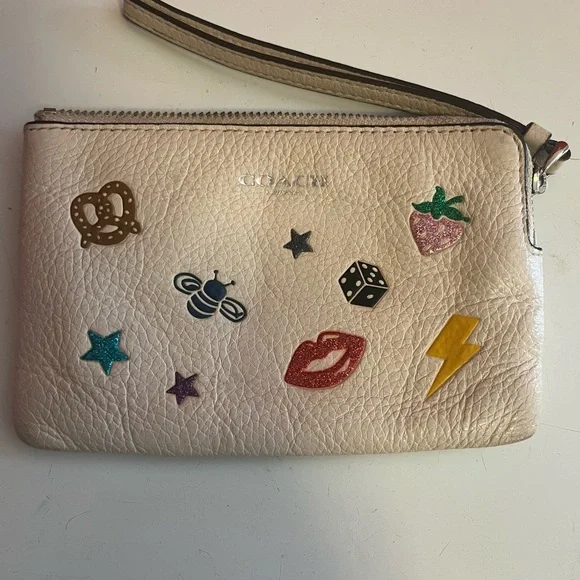 Preowned Coach Cream Wristlet with Fun Patches - Picture 1 of 3